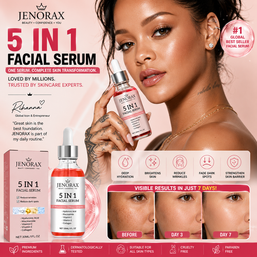 JENORAX 5-in-1 Facial Serum – Vitamin C & Hyaluronic Acid | Hydrating & Brightening Face Serum (30ml)
