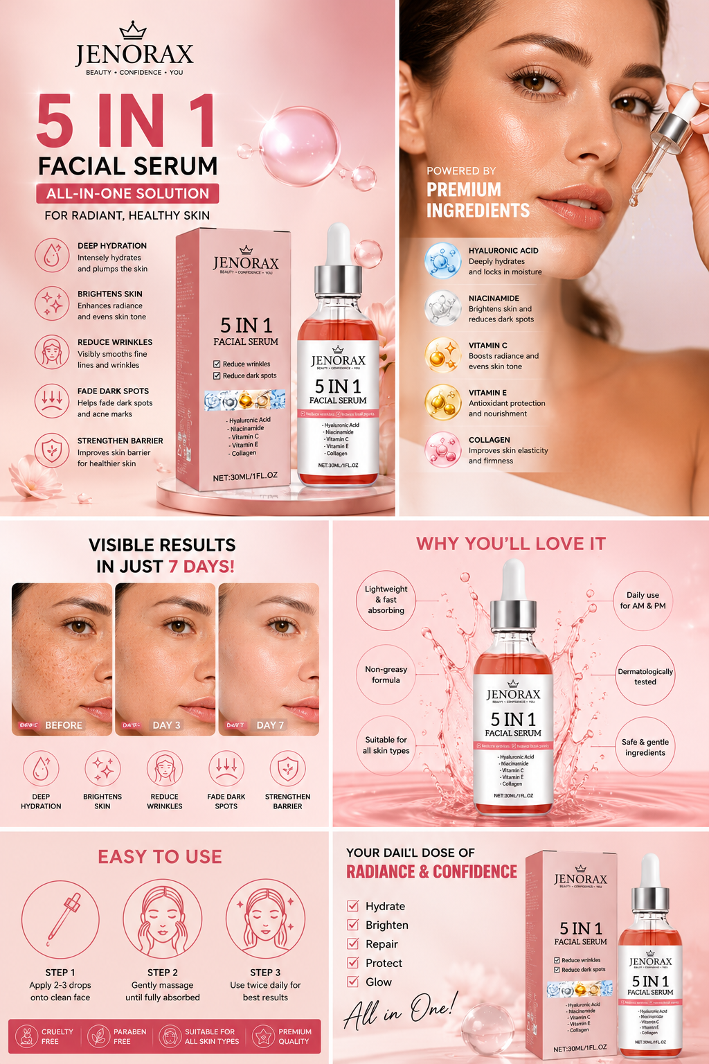 JENORAX 5-in-1 Facial Serum – Vitamin C & Hyaluronic Acid | Hydrating & Brightening Face Serum (30ml)