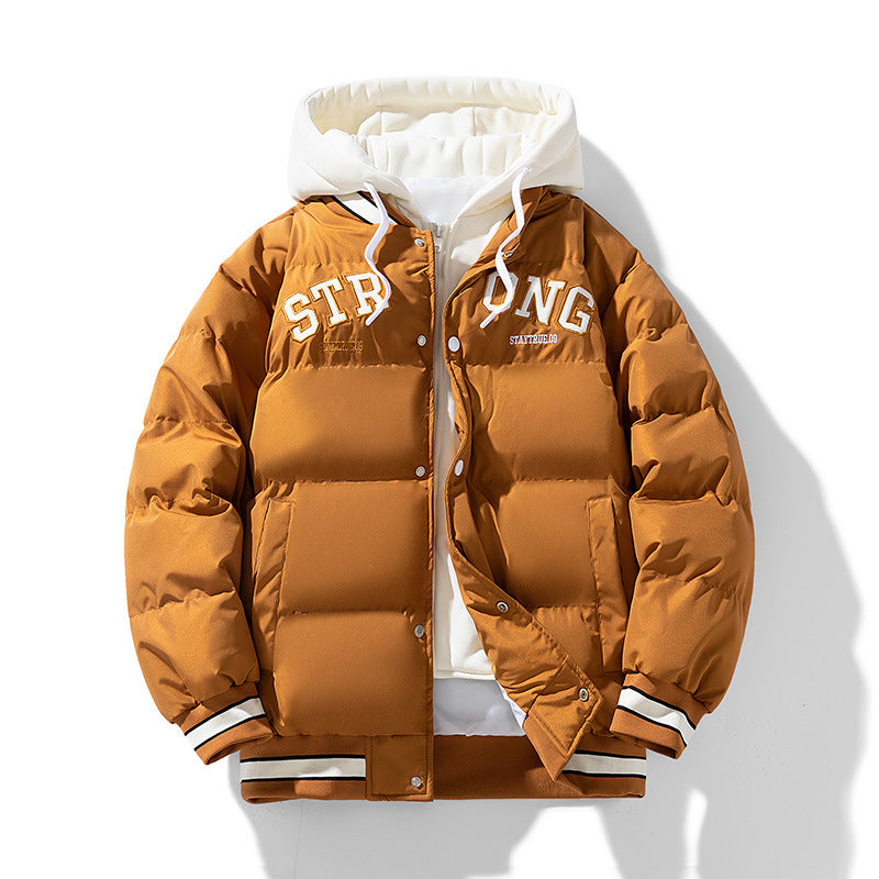 Fake Two-piece Hooded Cotton-padded Coat Men's Winter Thickened Warm-keeping Trendy Casual All-match Bread Coat Coat Embroidered Cotton-padded Coat