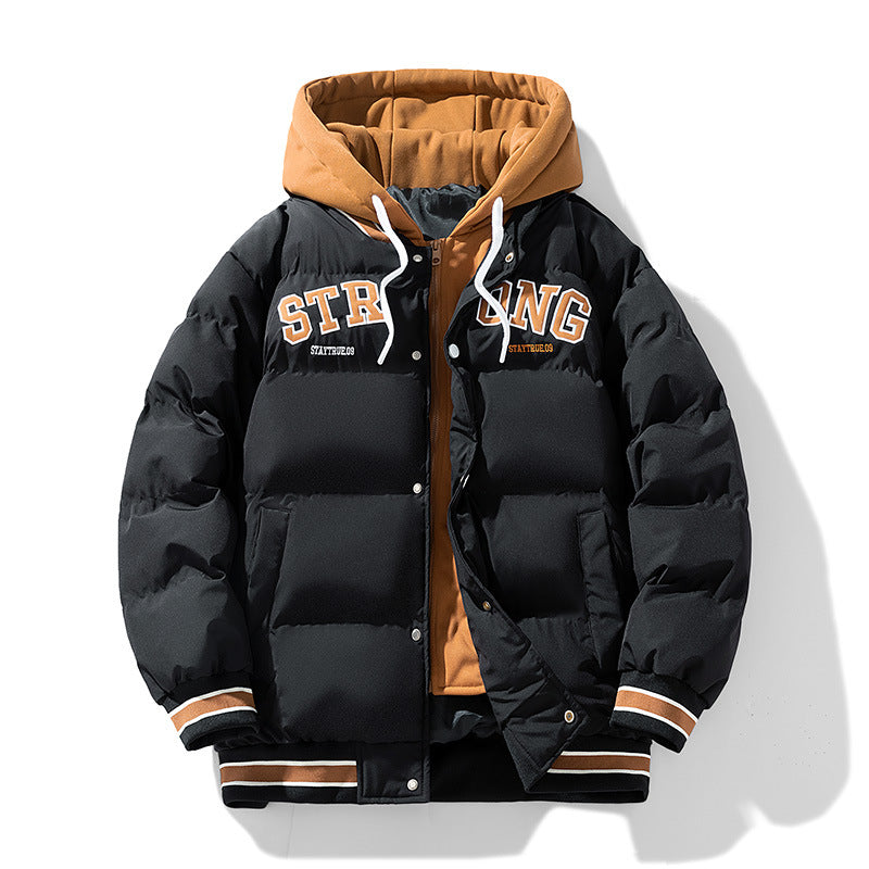 Fake Two-piece Hooded Cotton-padded Coat Men's Winter Thickened Warm-keeping Trendy Casual All-match Bread Coat Coat Embroidered Cotton-padded Coat