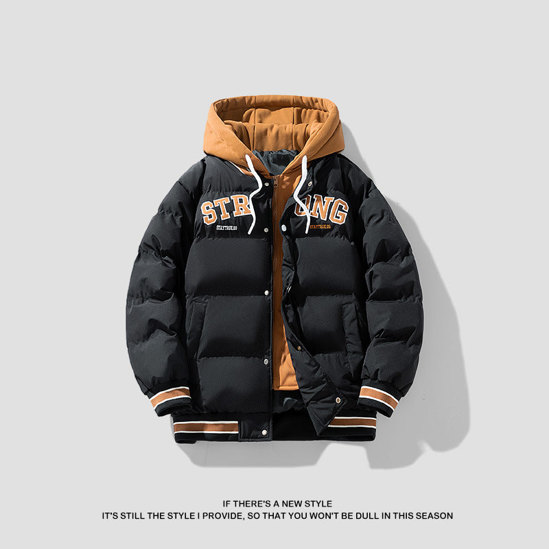 Fake Two-piece Hooded Cotton-padded Coat Men's Winter Thickened Warm-keeping Trendy Casual All-match Bread Coat Coat Embroidered Cotton-padded Coat