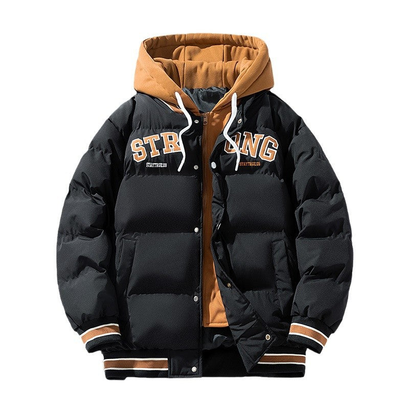 Fake Two-piece Hooded Cotton-padded Coat Men's Winter Thickened Warm-keeping Trendy Casual All-match Bread Coat Coat Embroidered Cotton-padded Coat