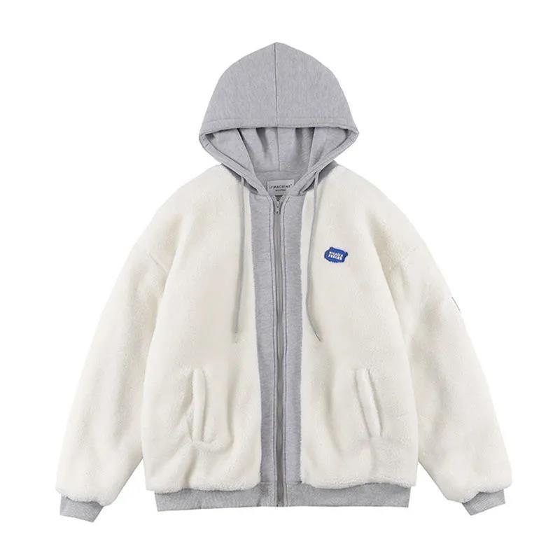 American-style faux lambswool fake two-piece coat for women trendy ins autumn and winter hooded cotton-padded coat thickened loose couple