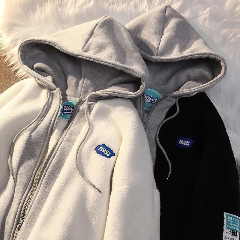 American-style faux lambswool fake two-piece coat for women trendy ins autumn and winter hooded cotton-padded coat thickened loose couple