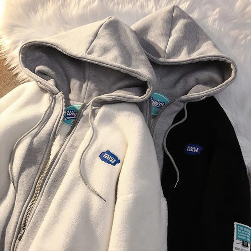 American-style faux lambswool fake two-piece coat for women trendy ins autumn and winter hooded cotton-padded coat thickened loose couple
