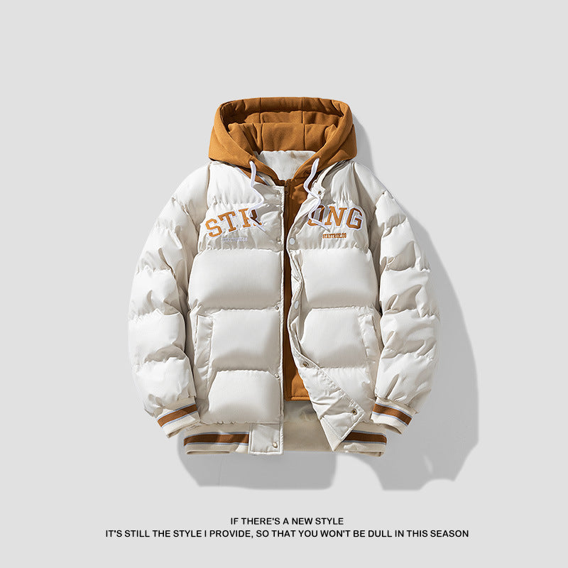Fake Two-piece Hooded Cotton-padded Coat Men's Winter Thickened Warm-keeping Trendy Casual All-match Bread Coat Coat Embroidered Cotton-padded Coat
