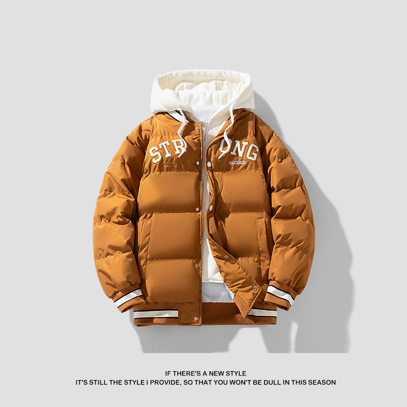 Fake Two-piece Hooded Cotton-padded Coat Men's Winter Thickened Warm-keeping Trendy Casual All-match Bread Coat Coat Embroidered Cotton-padded Coat