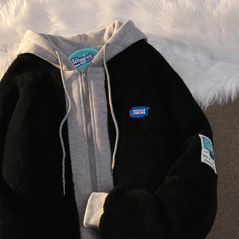 American-style faux lambswool fake two-piece coat for women trendy ins autumn and winter hooded cotton-padded coat thickened loose couple
