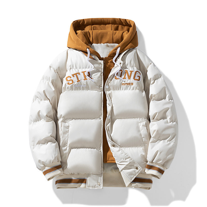 Fake Two-piece Hooded Cotton-padded Coat Men's Winter Thickened Warm-keeping Trendy Casual All-match Bread Coat Coat Embroidered Cotton-padded Coat