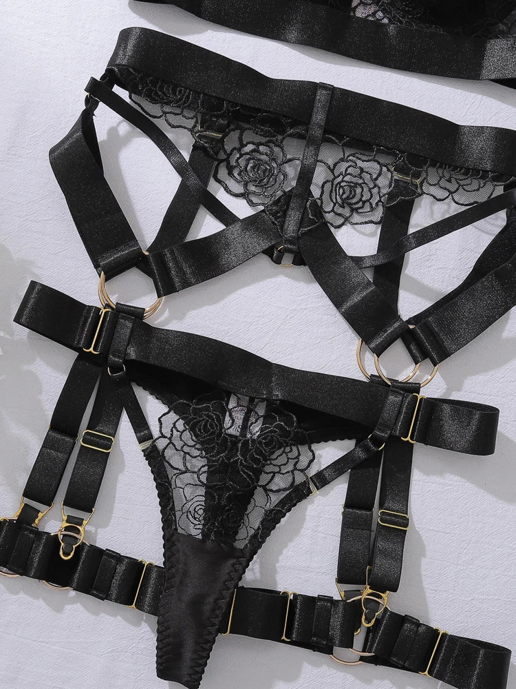 Sexy Lingerie Suit Women Solid Color Mesh See-through Hollow Slim Fit Tempting Underwear 5-piece Set Garters Lingerie
