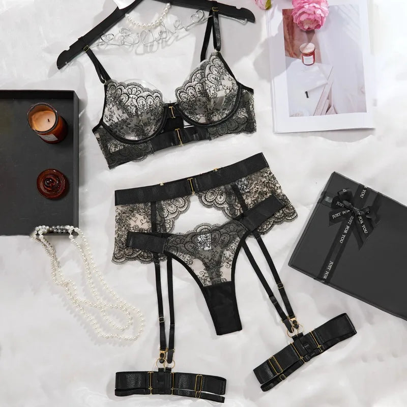JENORAX.Sexy Flower Embroidered Women's Lingerie Sets 5 Piece See Through Mesh Patchwork Bra Thong Garter Fancy Seductive Lace Underwear