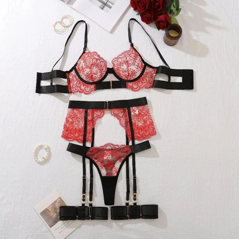 JENORAX.Sexy Flower Embroidered Women's Lingerie Sets 5 Piece See Through Mesh Patchwork Bra Thong Garter Fancy Seductive Lace Underwear
