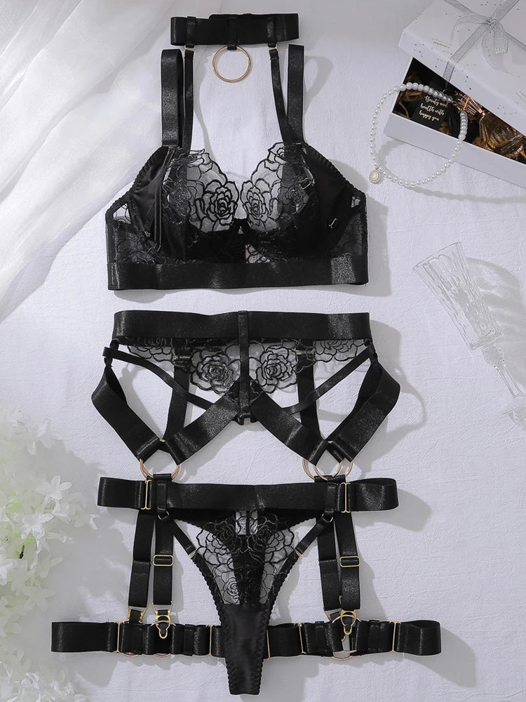 Sexy Lingerie Suit Women Solid Color Mesh See-through Hollow Slim Fit Tempting Underwear 5-piece Set Garters Lingerie