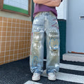 2026 New Street Graffiti Ripped Painted Jeans for Men, Straight Loose Wide-Leg Trendy Brand, Cool and High-End