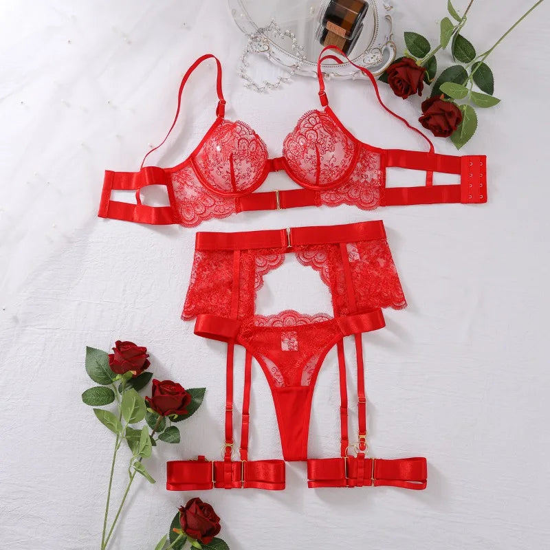JENORAX.Sexy Flower Embroidered Women's Lingerie Sets 5 Piece See Through Mesh Patchwork Bra Thong Garter Fancy Seductive Lace Underwear