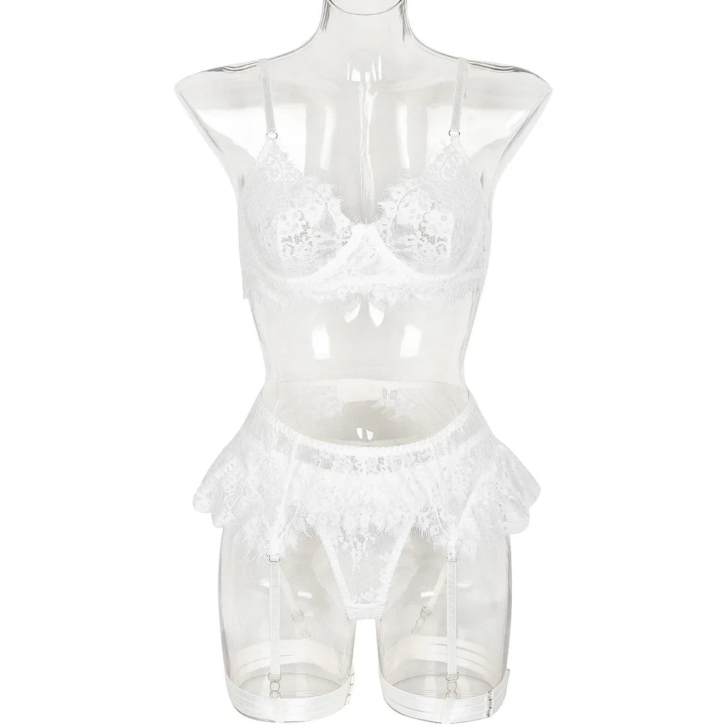 JENORAX.Toucheart 4 Piece Set Sexy Lace Underwear Set For Women Mesh See-Through Garters Solid Color Women's Underwear Sexy Lingerie Set