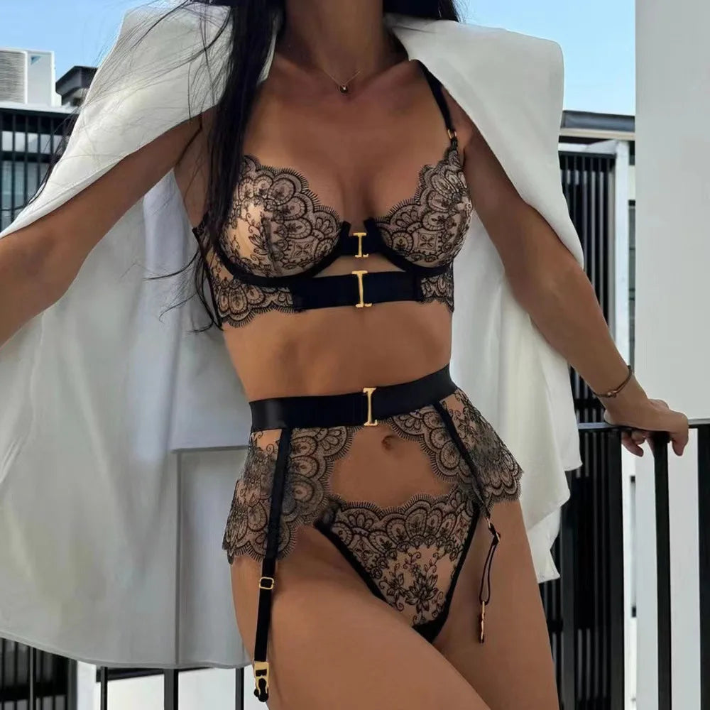 JENORAX.Sexy Flower Embroidered Women's Lingerie Sets 5 Piece See Through Mesh Patchwork Bra Thong Garter Fancy Seductive Lace Underwear