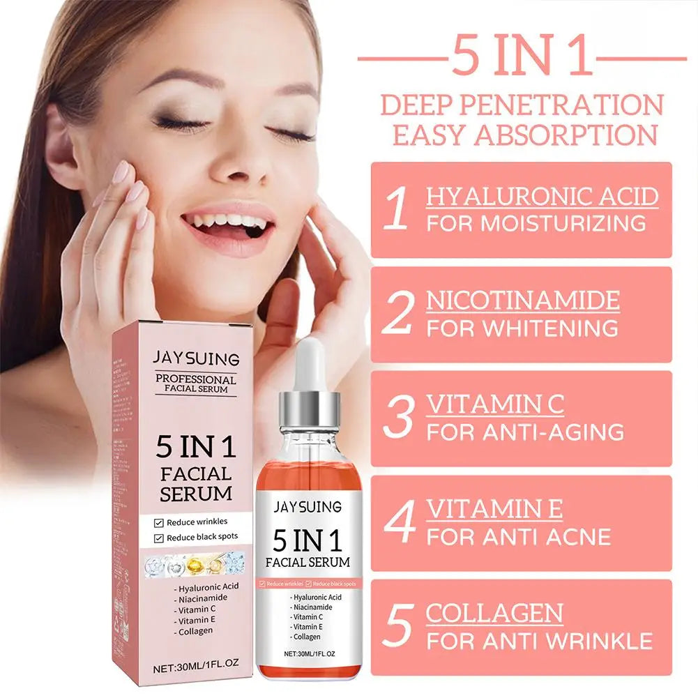 JENORAX 5-in-1 Facial Serum – Vitamin C & Hyaluronic Acid | Hydrating & Brightening Face Serum (30ml)