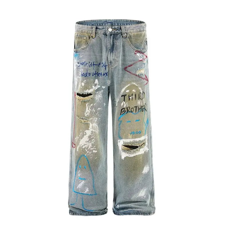 2026 New Street Graffiti Ripped Painted Jeans for Men, Straight Loose Wide-Leg Trendy Brand, Cool and High-End