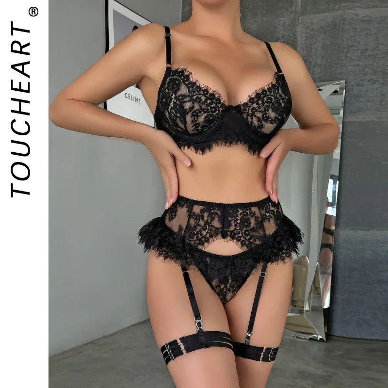 JENORAX.Toucheart 4 Piece Set Sexy Lace Underwear Set For Women Mesh See-Through Garters Solid Color Women's Underwear Sexy Lingerie Set