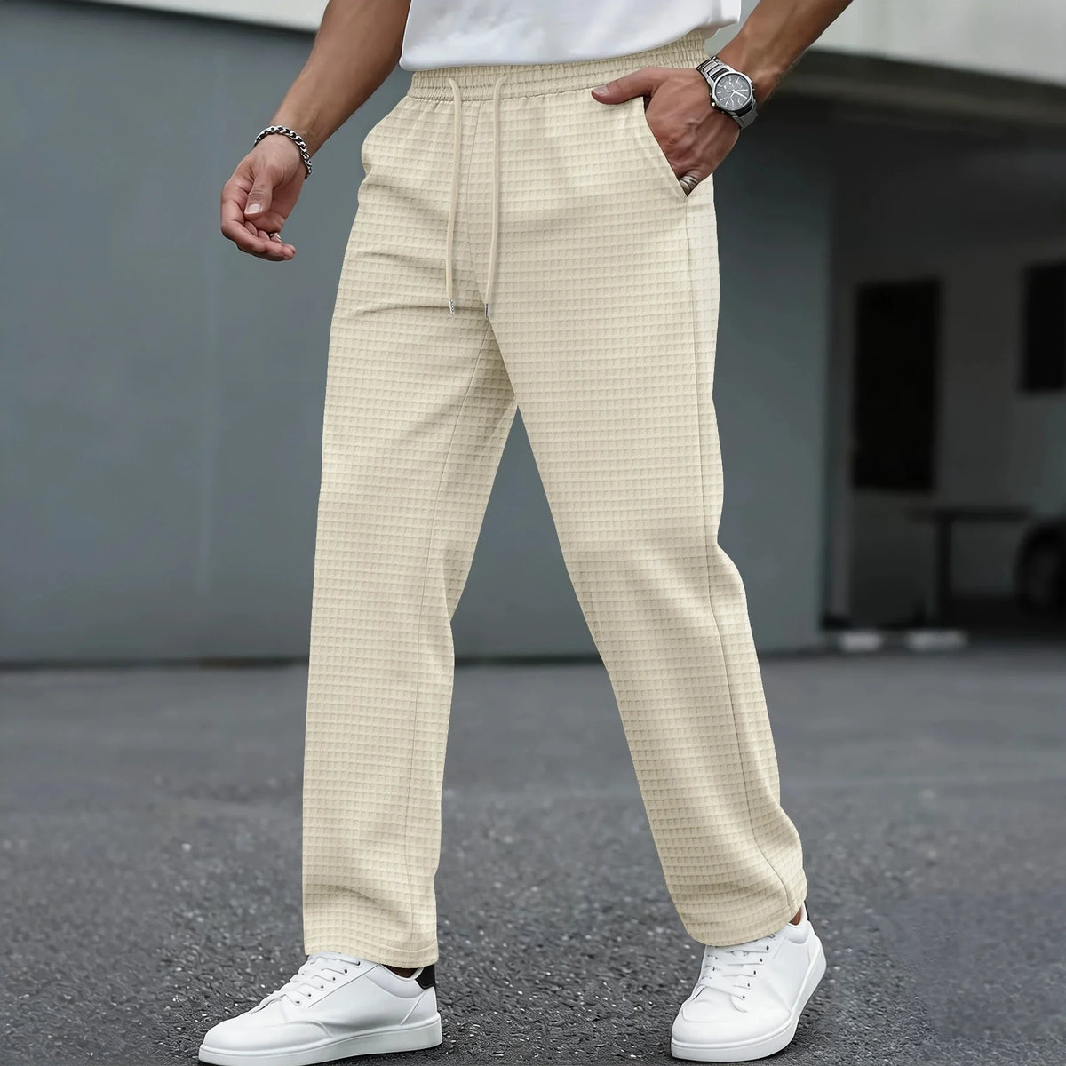 Men's New Wide-Checkered Drawstring Casual Pants - Lightweight, Breathable, Solid Color, Comfortable Straight-Leg Trousers