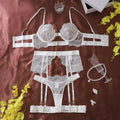JENORAX.Sexy Flower Embroidered Women's Lingerie Sets 5 Piece See Through Mesh Patchwork Bra Thong Garter Fancy Seductive Lace Underwear